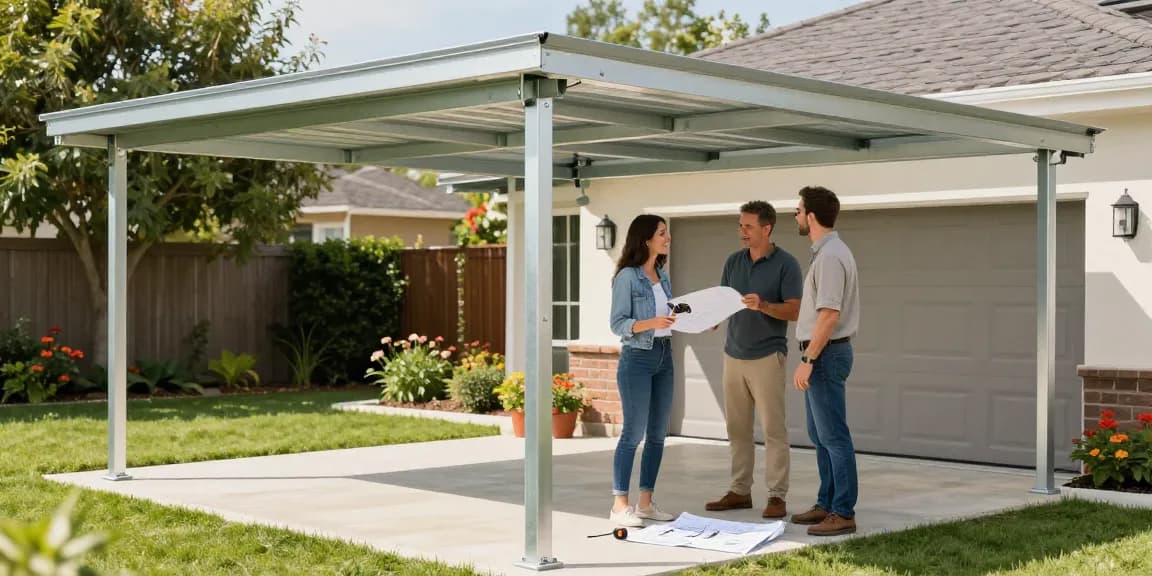 Moderne Carport-Installation mit einem Paar, das den neuen Carport inspiziert, umgeben von einer grünen Rasenfläche.
