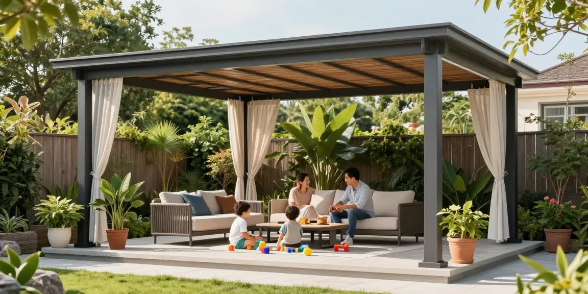 Moderne freistehende Terrassenüberdachung im Garten mit spielenden Kindern.