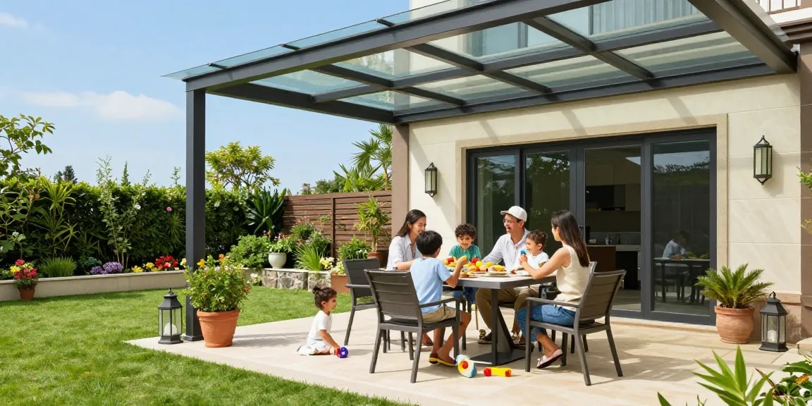 Moderne Terrassenüberdachung schützt Familie bei Mahlzeit im Garten.