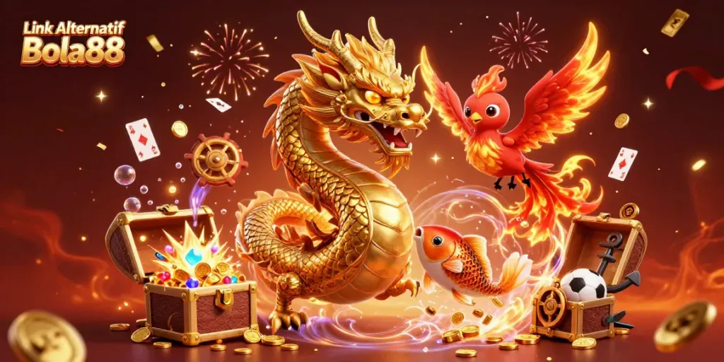 Engage with Link Alternatif Bola88 through an energetic casino scene featuring a fierce dragon and vibrant gaming elements.