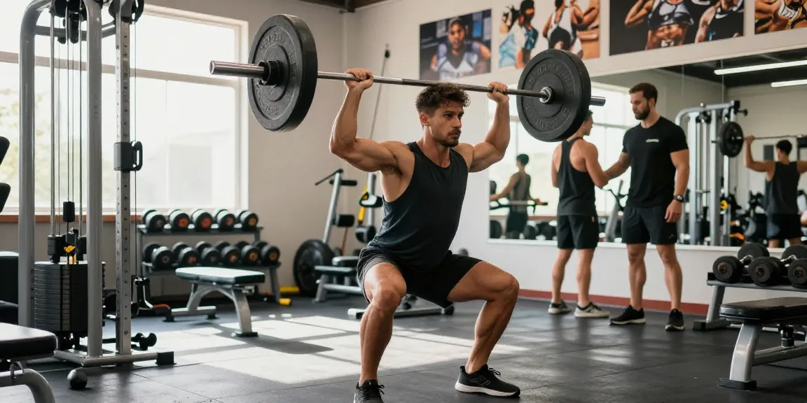 Steroidshop Bodybuilder trainiert mit Gewichten in hellem Fitnessstudio.