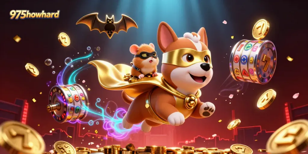 Engage in gaming excitement with 975howard illustrated in a vibrant casino scene featuring a superhero dog!