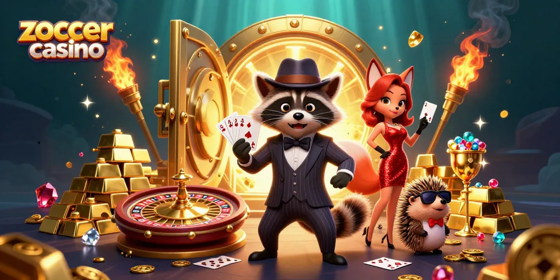 Zoccer casino: dynamic scene with a raccoon, fox, and hedgehog in an exciting gambling setting.
