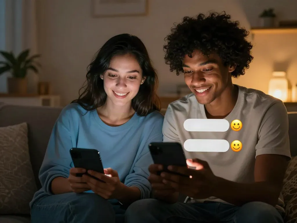 Couple engaged in horny AI chat on smartphone, cozy home setting