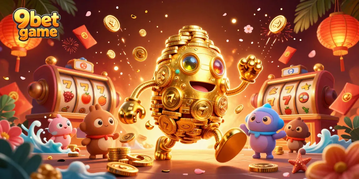 Experience the excitement of the 9bet game with a dynamic golden golem representing luck and fortune.