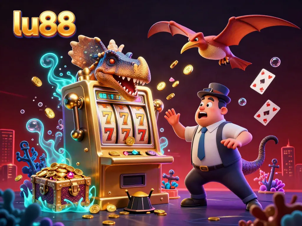 Join the fun at lu88 with vibrant casino gameplay featuring dinosaurs and golden jackpots.