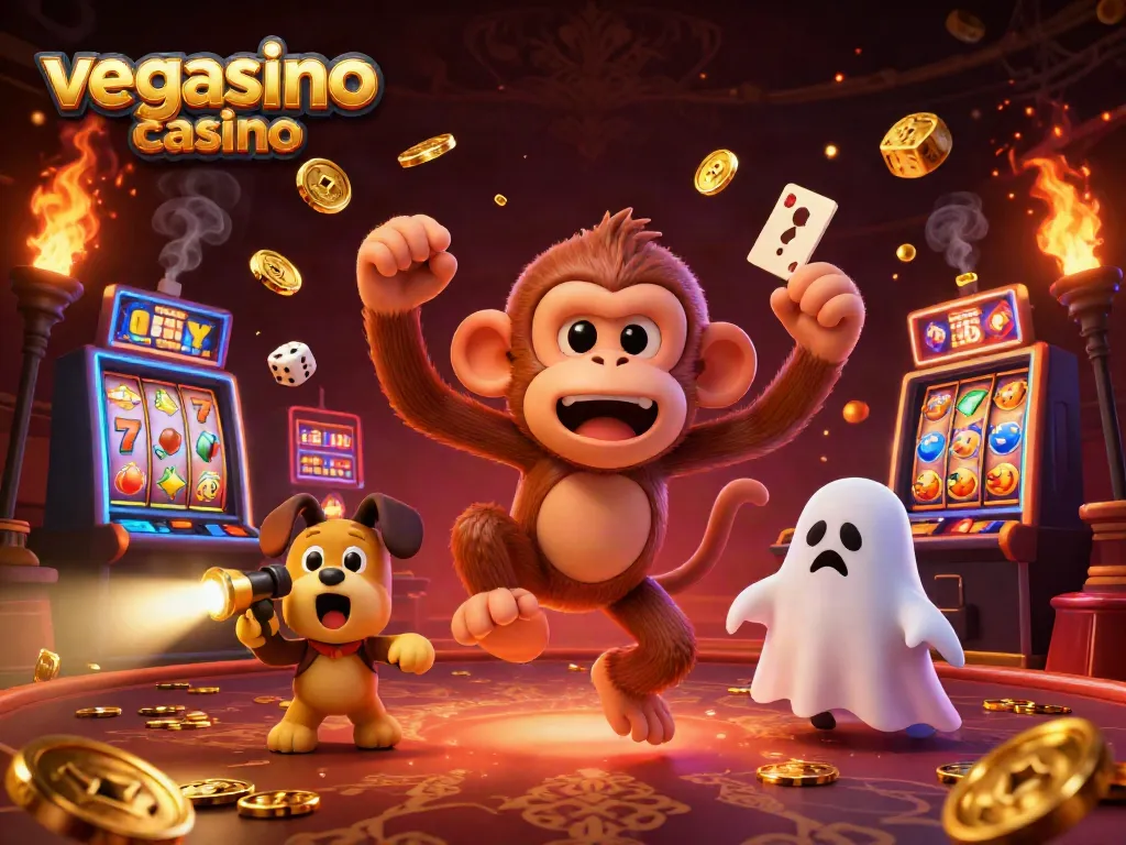Engage with the thrilling atmosphere of vegasino casino, featuring a playful poltergeist monkey juggling golden casino items.