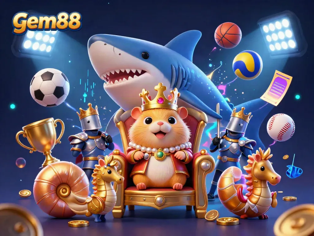 Engage with gem88's vibrant online casino experience featuring a dynamic scene of gaming characters and sports elements.