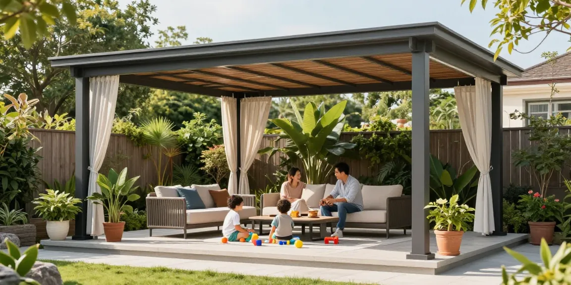 Moderne freistehende Terrassenüberdachung im Garten mit spielenden Kindern.