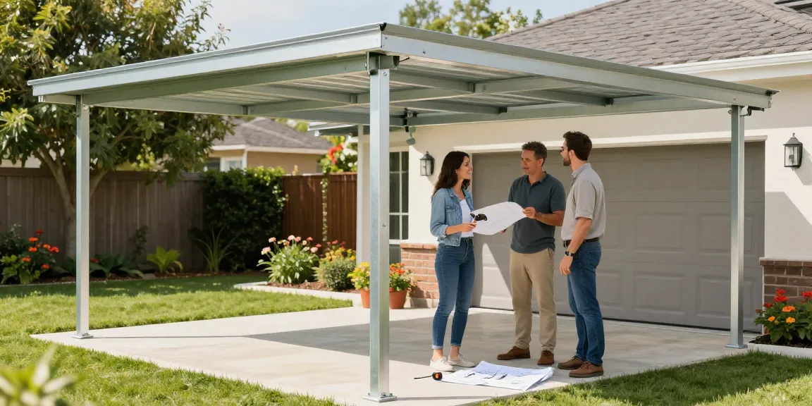 Moderne Carport-Installation mit einem Paar, das den neuen Carport inspiziert, umgeben von einer grünen Rasenfläche.