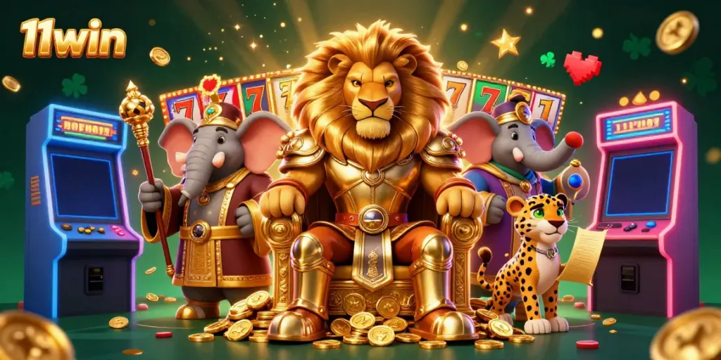 Experience the vibrant gaming world of 11win with a royal lion king and exciting slot machines.