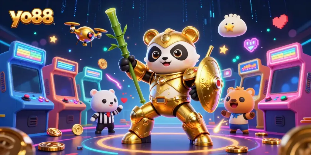 Experience the excitement of yo88 with a vibrant 3D digital casino scene filled with animated characters and gaming elements.
