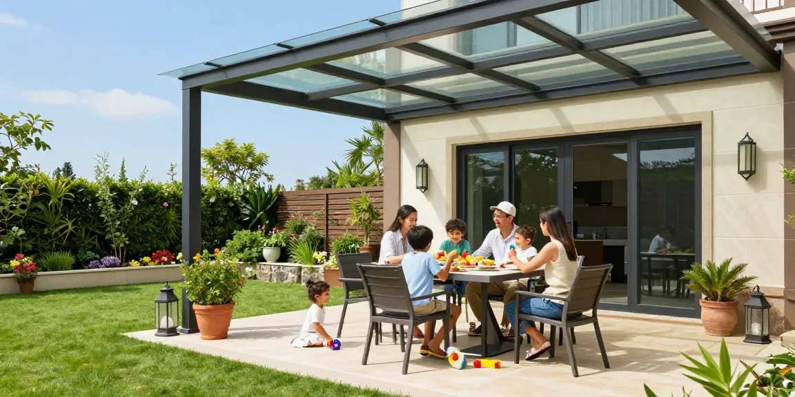 Moderne Terrassenüberdachung schützt Familie bei Mahlzeit im Garten.
