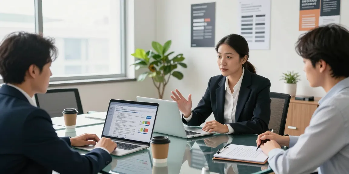 Business consultant discussing data privacy strategies in a modern office at Startseite with clients.