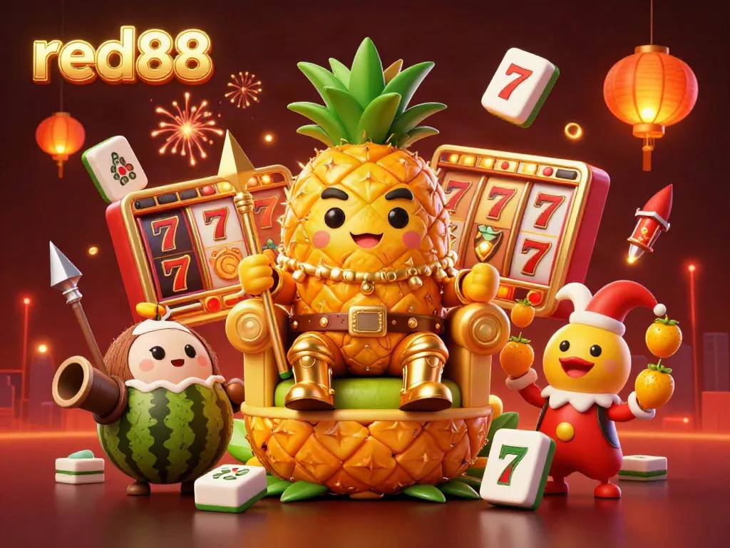 Experience the excitement of red88 with vibrant characters and casino elements in this 3D illustration.