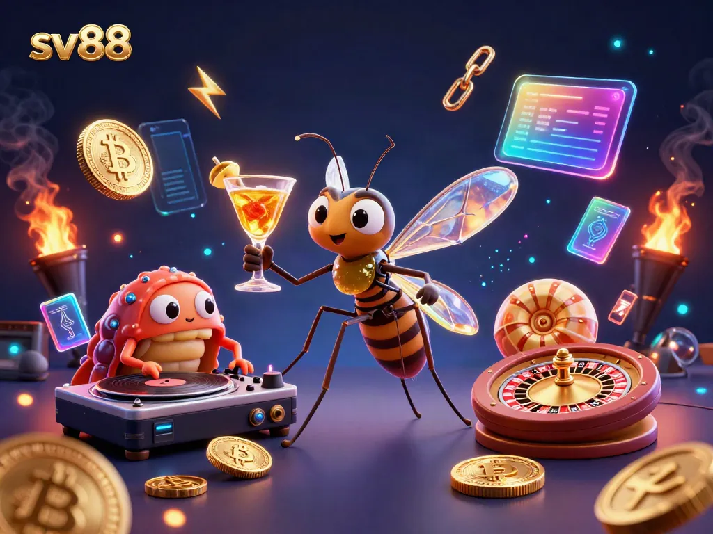 Engage with sv88's vibrant casino world, featuring cartoon characters and dynamic gaming elements.