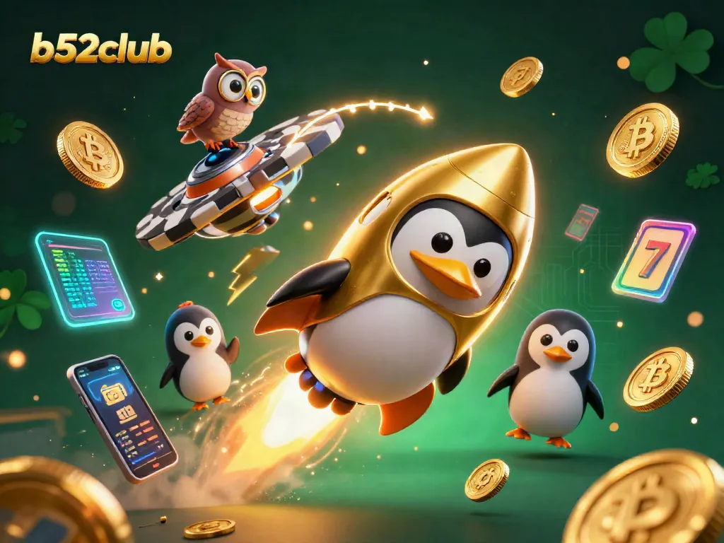 Engage in the vibrant world of b52club with a rocket-powered penguin leading a casino adventure filled with golden coins and neon crypto coins.