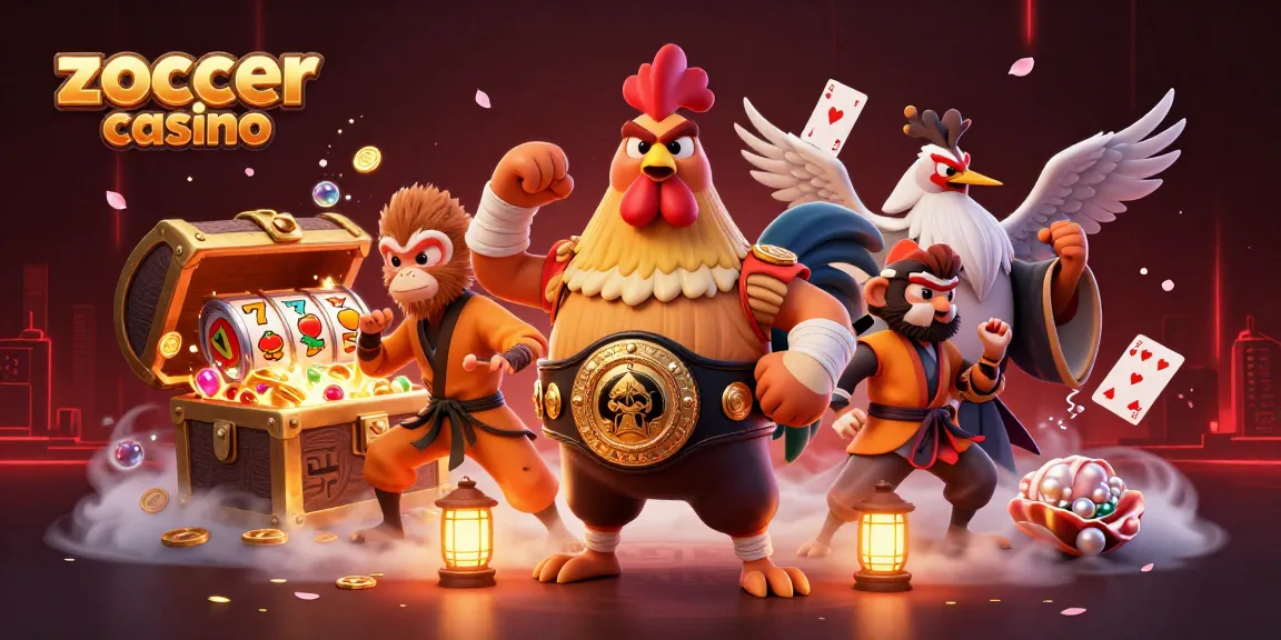 Zoccer casino presents a vibrant illustration of a Muay Thai rooster with a championship belt, embodying the excitement of casino gaming.