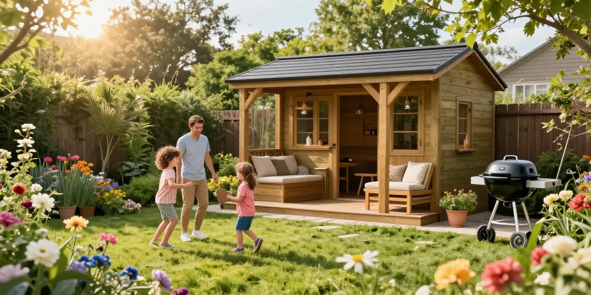 Hochwertiges Gartenhaus in einem blühenden Garten mit Familie und Spielbereich.
