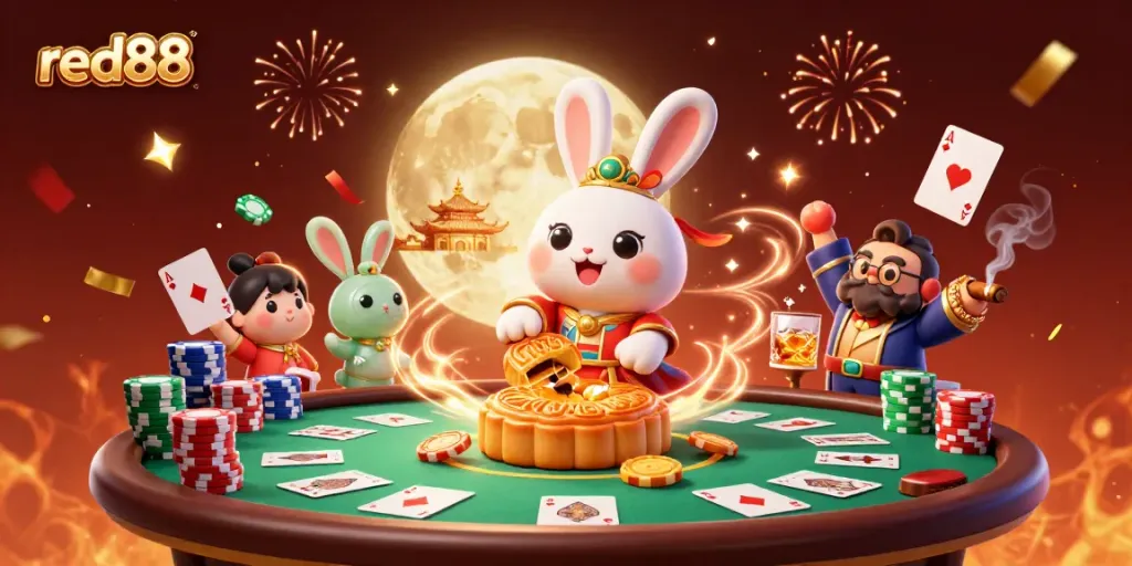Experience the thrill of red88 with a lucky moon rabbit unveiling poker chips on a vibrant lunar scene.