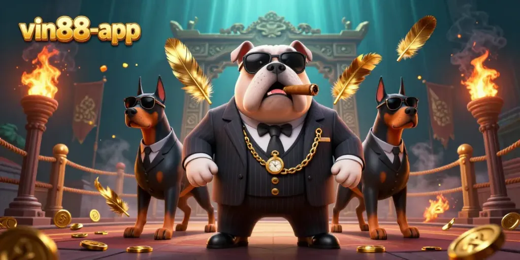 Win big with vin88-app as the mafia bulldog and his bodyguards enjoy a thrilling casino scene.