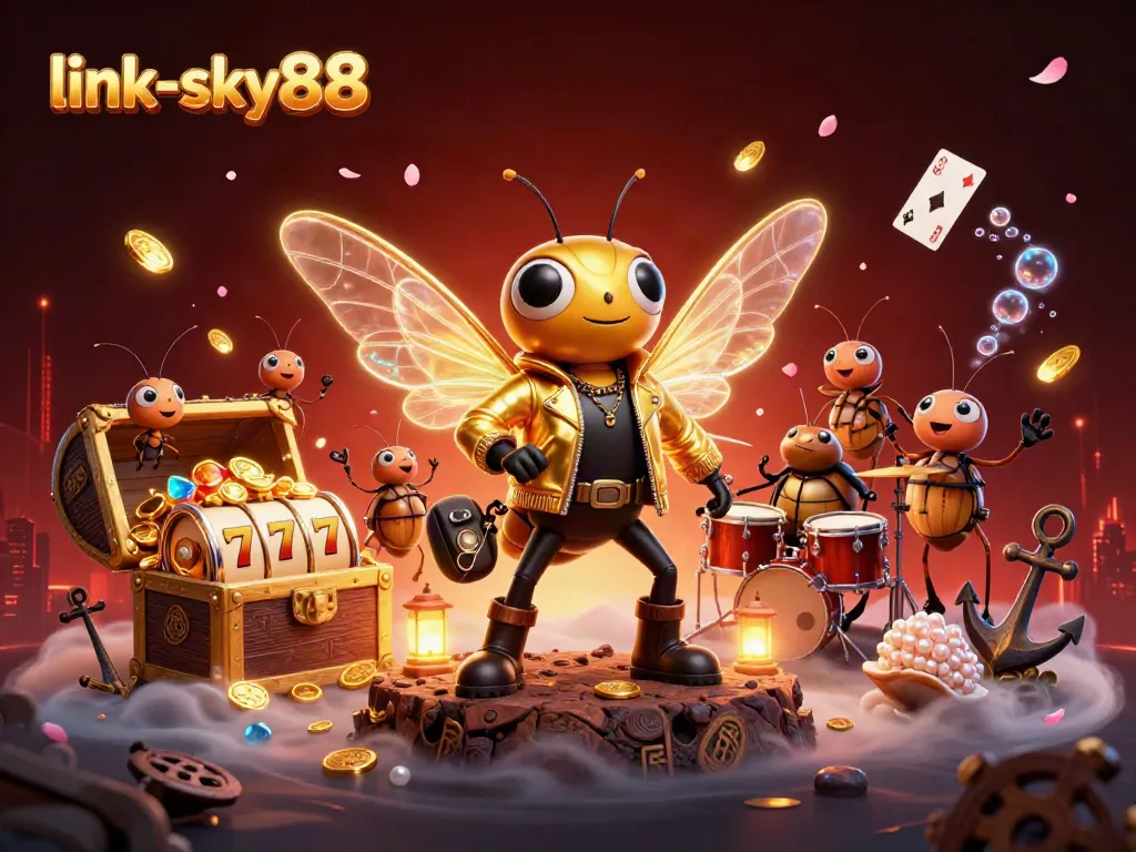 Engage with thrilling games at link-sky88 in a vibrant, cartoon-styled casino atmosphere.