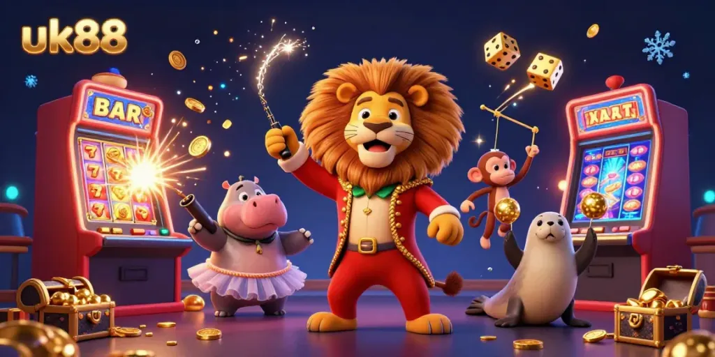 Participate in thrilling gaming at uk88 with cartoon characters and dynamic casino elements exploding with energy.