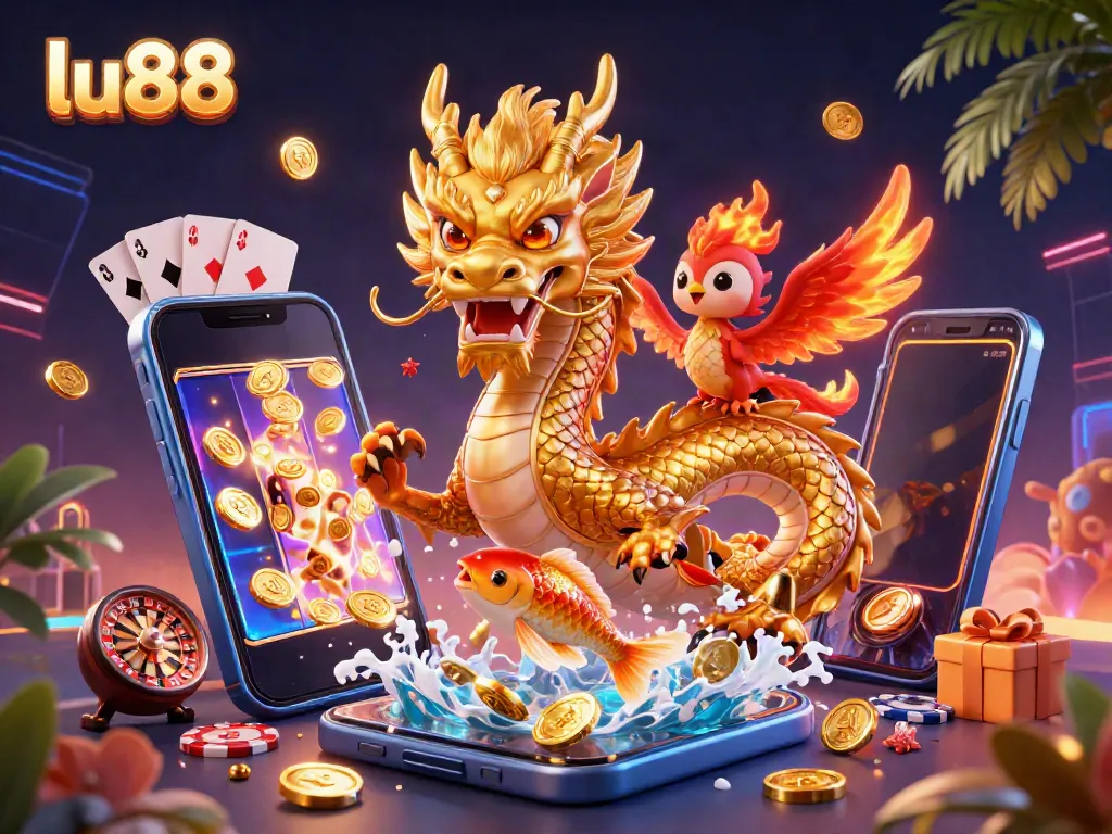 Engage with LU88 gaming excitement featuring vibrant casino elements and mythical creatures.